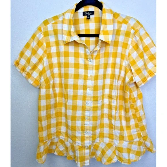 Jessica Simpson 1X Women's Yellow Checkered Short sleeve Buttoned‎ Up Top Ruffle