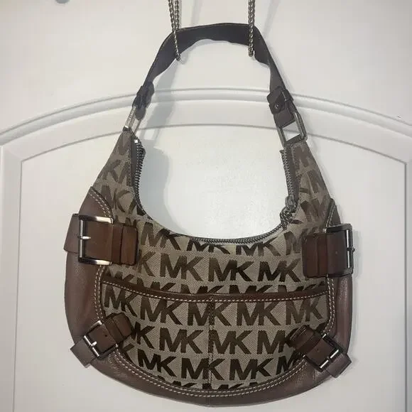 Michael Kors Vintage Khaki Signature Jacquard Hobo Cognac Leather Shoulder Bag