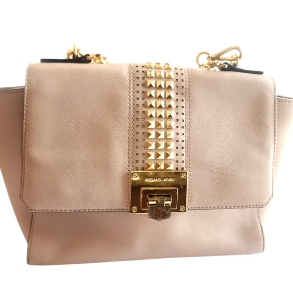 Michael Kors Tina studded shoulder bag in ballet pink saffiano leather
