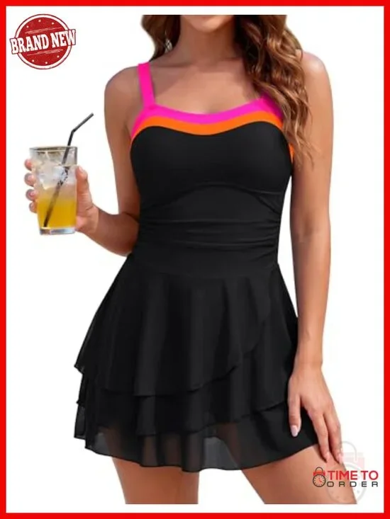 Modest One Piece Swim Dress with Mesh Skirt Tummy Control Ruched