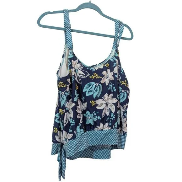Beach House‎ Woman Floral Tankini Top Navy Blue Turquoise 22W HW12012
