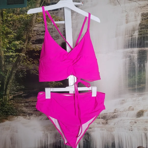 New! Zaful Womens 2XL hot pink two piece lace up bikini swim suit