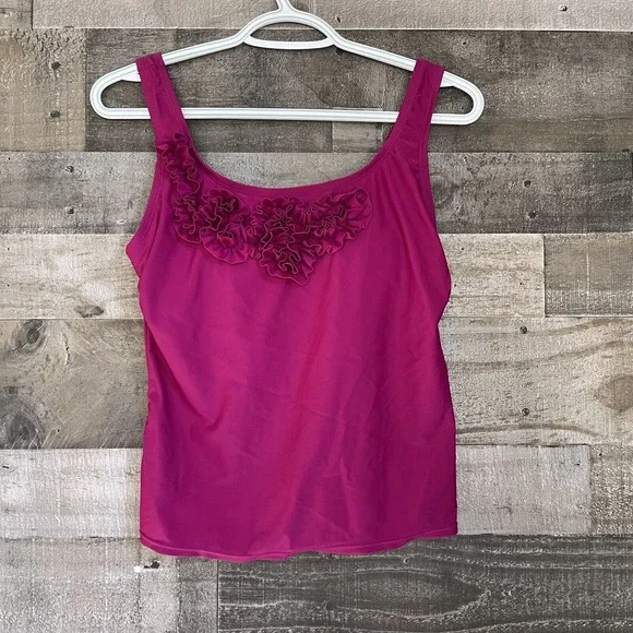 Merona Halter Tankini Swim Top Size S Magenta Ruffle Flower Padded No‎ Underwire