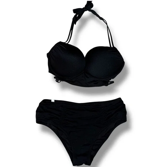 Victorias Secret Black Push Up Halter Bikini Set 36D Large Ruched High‎ Waist