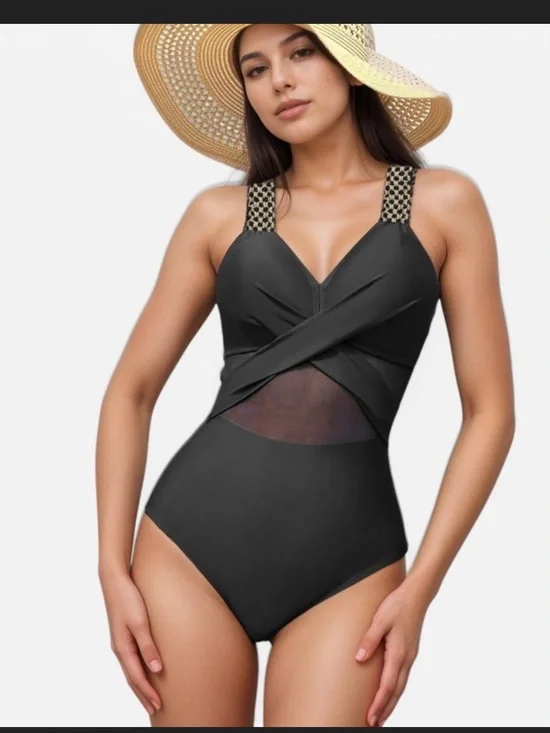 One Piece Mesh Midsection Crisscross Front and Braided Detail Straps Black S