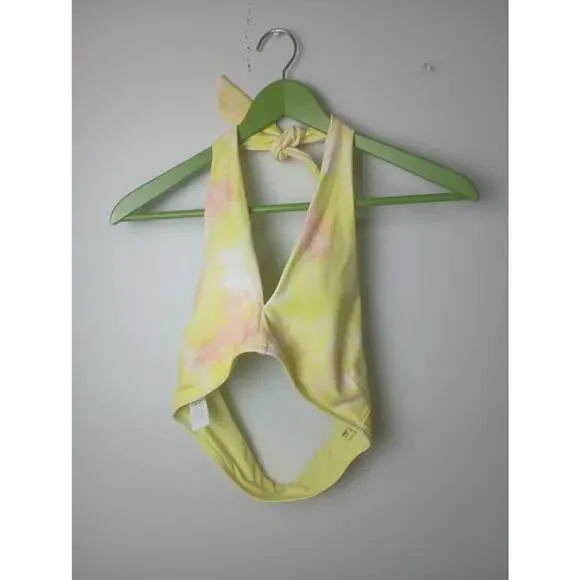 Aerie‎ Yellow Tie Dye Halter Tie Bikini Top Small Women's Beach Vacation Padded
