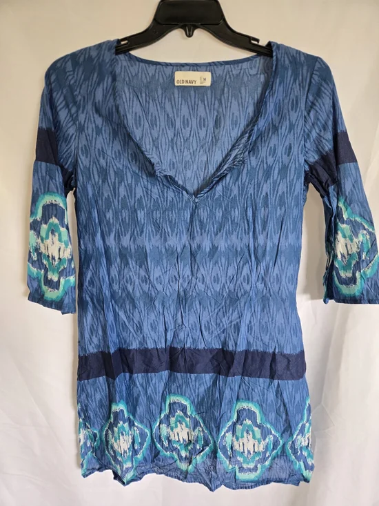 Old Navy Blue Patterned V-Neck Tunic Top