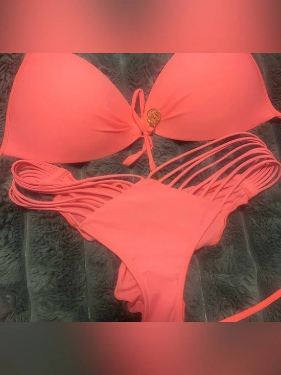 Luli fama Strappy neon Coral Pink Women’s Bikini Set large top small bottoms