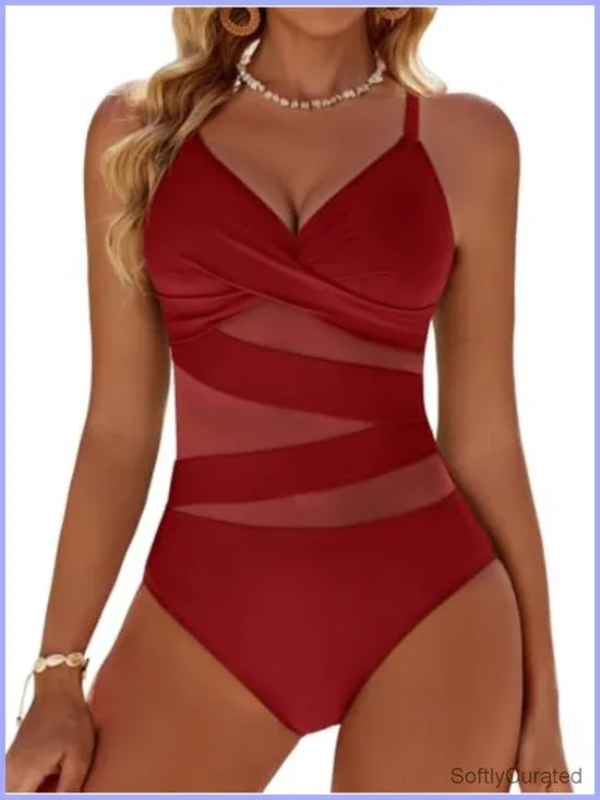 Push Up One Piece Swimsuits Tummy Control Mesh V Neck Swimwear