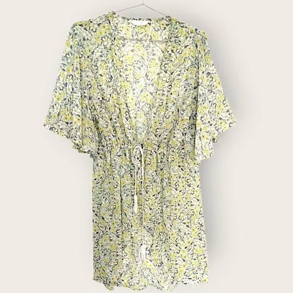 Lauren Conrad Womens‎ Coverup Butter Yellow Green Floral Sheer Waist Tie Beachy