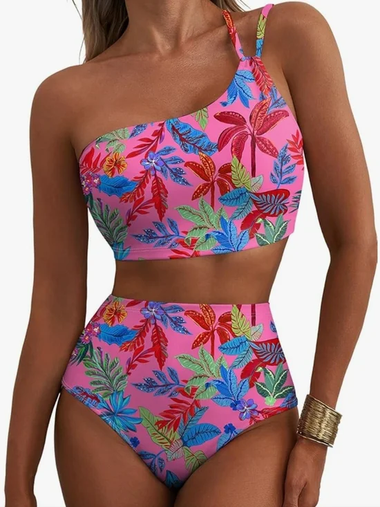 One-Shoulder Pink Tropical Print High-Waist Bikini. Size Medium. NWOT.