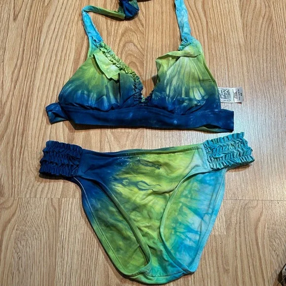 Lucky Brand Tie Dye Halter Bikini Swimsuit Ruffled Blue Green‎ Women's S/M Y2K