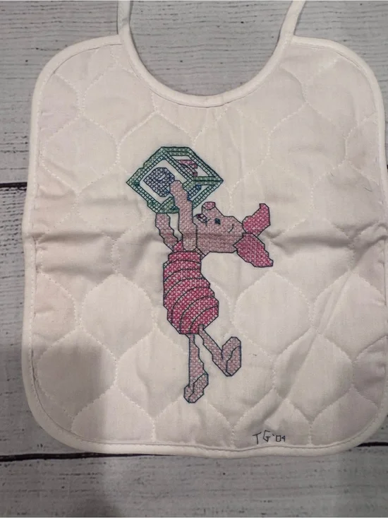 Vintage Handmade Cross Stirch Piglet Baby Bib