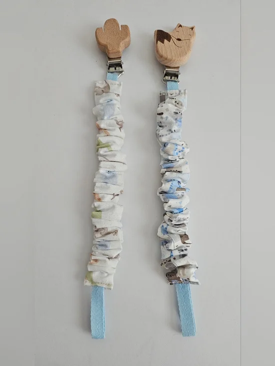 Set Wooden Fox & Cactus Pacifier Clips with Scrunchie Fabric - Light Blue Accent