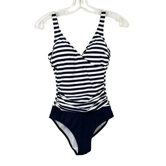 Boden‎ Navy Blue & White Striped Wrap Front One Piece Swimsuit Nautical - Size 4
