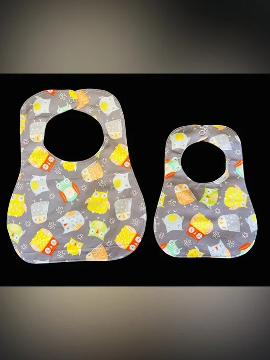 Playful Kids Owl Print Bib - Gray with Yellow & Orange Accents