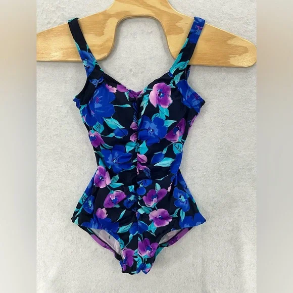 La Cove Swimsuit Floral Ruched‎ Front Purple Blue Black Size 12