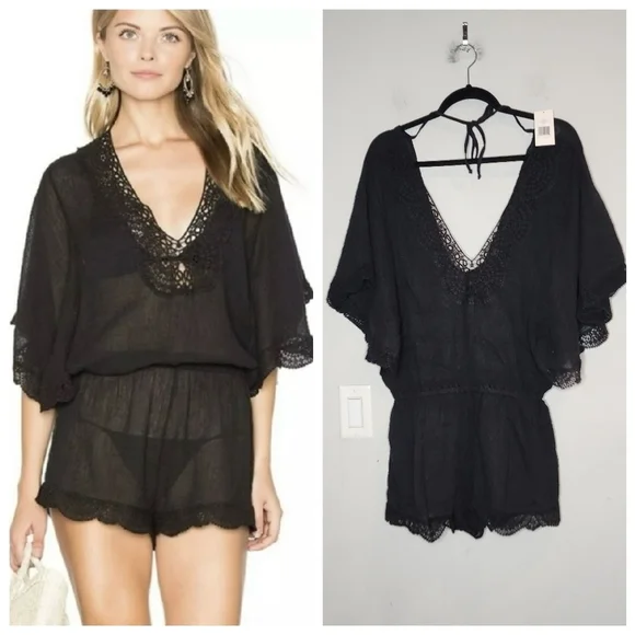 NWT Eberjey M/L Black Sol Liberty Lace‎ Trimmed Romper Swim Cover-Up Beachy