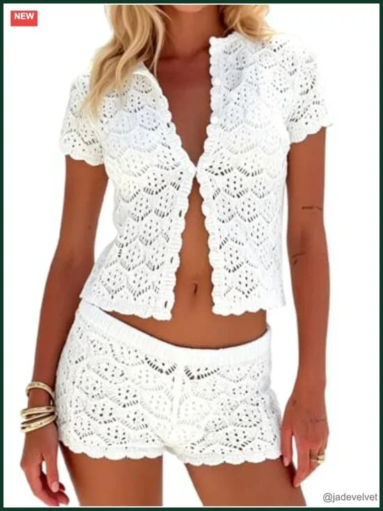 2 Piece Crochet Beach Cover Up Set Boho Top & Mini Shorts Vacation Outfits