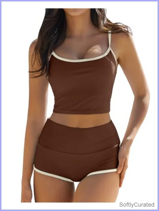 Two Piece Swimsuit Spaghetti Strap Crop Top High Waisted Boyshort Bikini Set