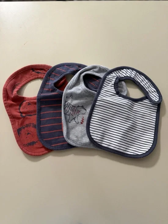 Baby Bib Set - Striped and Animal Print - Navy, Gray, Red set of 4