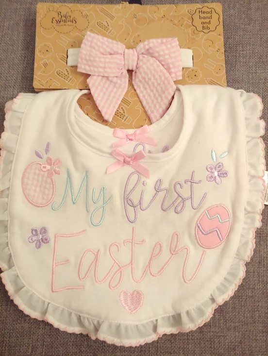 Baby Essentials My First Easter Pink Ruffled Bib & Headband Set
