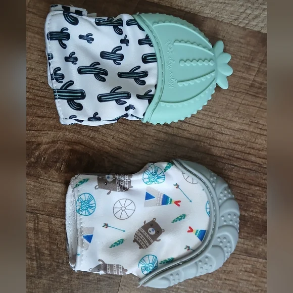 Baby Silicone Teething Mitts - Mint & Light Gray