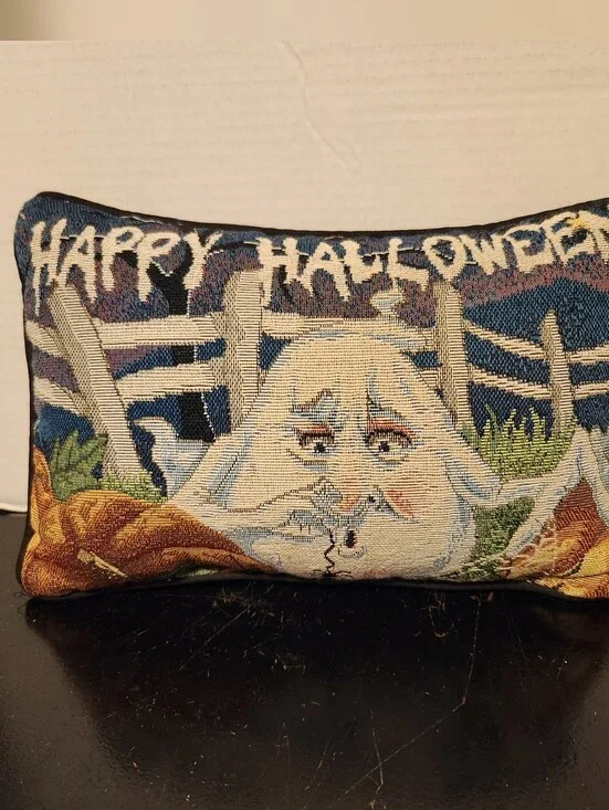 Vintage Happy Halloween Needlepoint Ghost  Pumpkin Spider Small Decor Pillow
