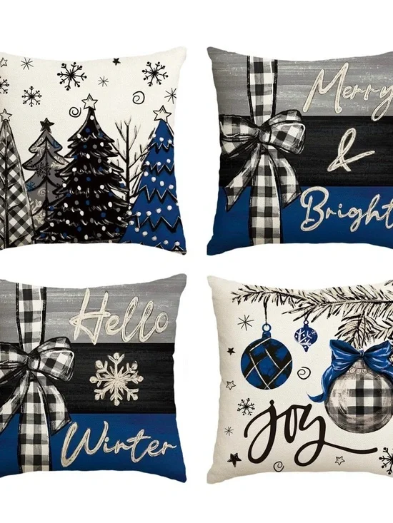 4 Holiday Throw Pillow Covers - Blue, Black & White, burlap feel, NWOT