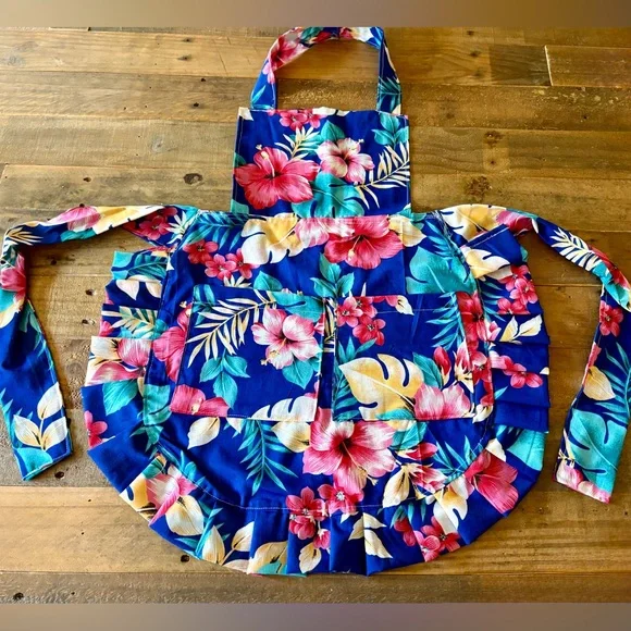 Blue Floral Hawaiian Apron with Pockets