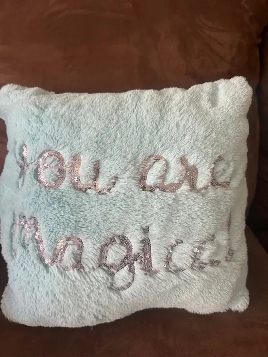 Plush Aqua Decorative Pillow with Sequin Script Size is 12x12