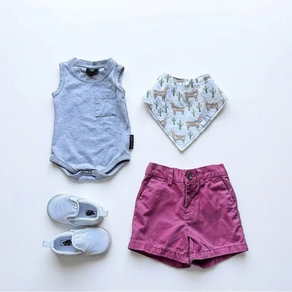 Grey Tank Bodysuit with Coral Shorts and Llama Bandana Bib (shoes not included)