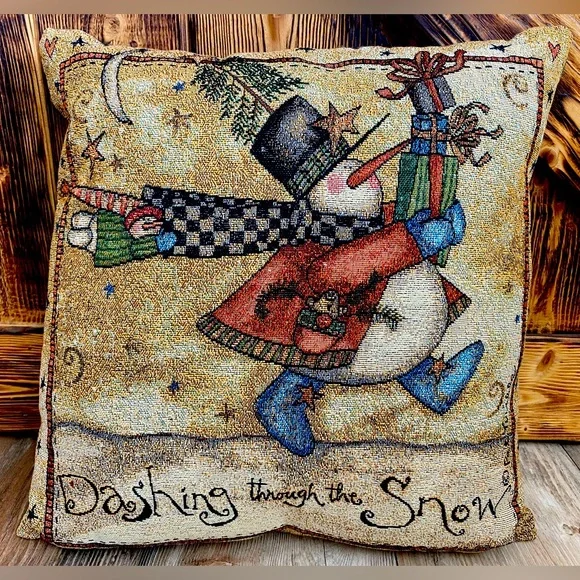 Vintage Snowman Tapestry Christmas Dashing Through the Snow Throw Pillow