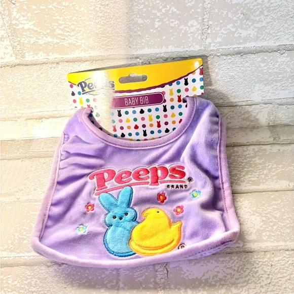 Peeps Purple Baby Bib with Blue Bunny & Yellow Chick Embroidered Peeps NEW