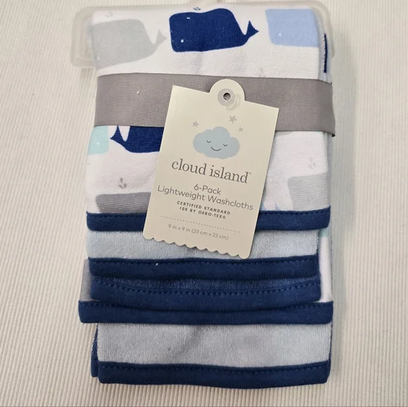 Cloud Island Baby Lightweight French Terry Washcloths,Blue Whale Pattern(6-Pack)