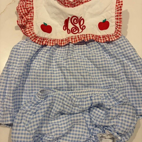 Monogrammed Baby Bib with Red Trim and Blue Gingham, MCS, 3T