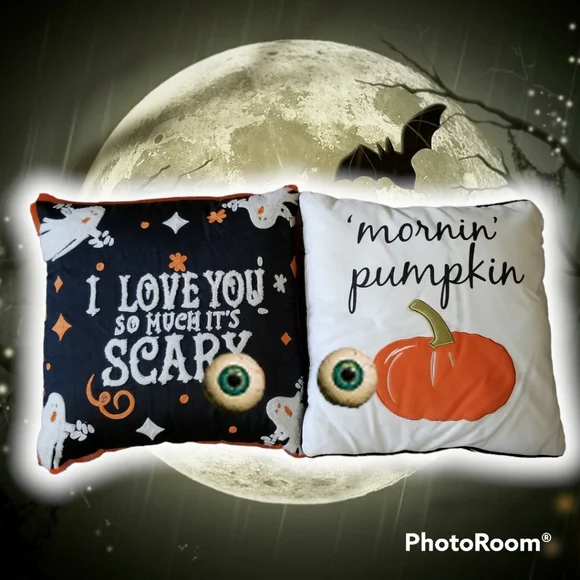 New 2 Appliquéd Chenille Pumpkin & Ghost Halloween Pillows W Zippers 17
