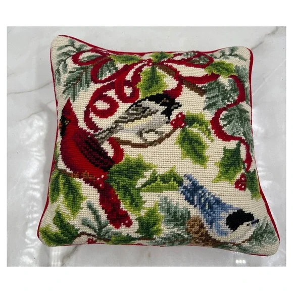Vintage Needlepoint Christmas Bird Pillow Cardinal Chickadee Blue Jay Red Velvet