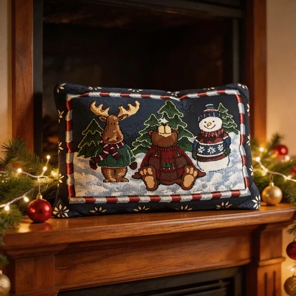 Christmas‎ Tapestry Throw Pillow Moose Bear Snowman Winter Navy Blue Holiday