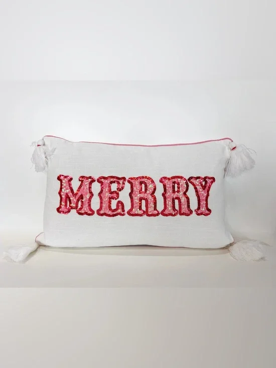Mary Square 'MERRY' Sequin Accent Pillow - Pink on White