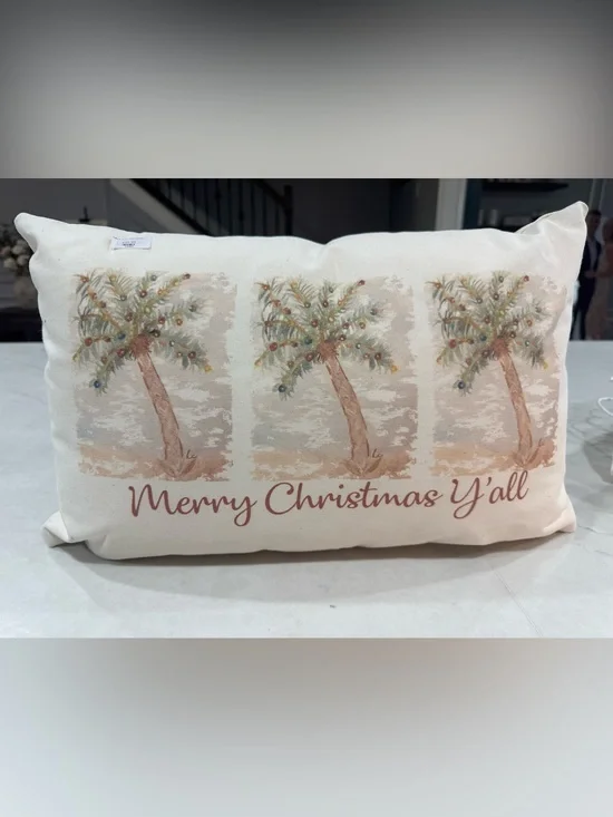 Merry Christmas Y'all Palm Tree Holiday Pillow - Beige/Green
