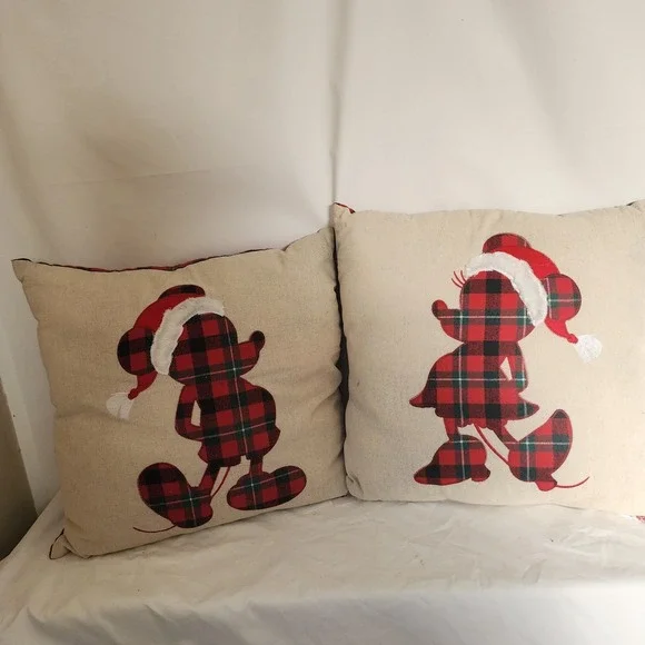Set Of 2 Mickey Mouse Christmas Throw Pillows Santa Mrs Claus Brown Plaid Red