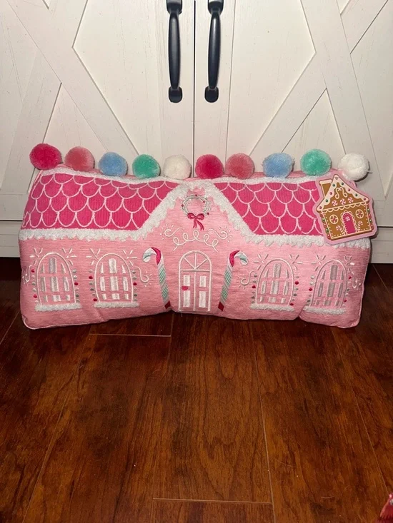 Festive Pink Gingerbread House Decorative Holiday Pillow
