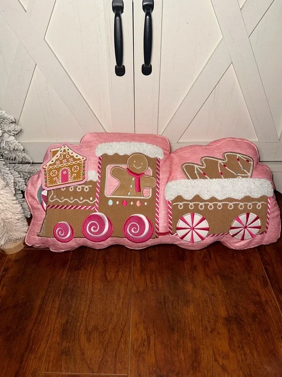 Pink Gingerbread Train Holiday Decorative Pillow