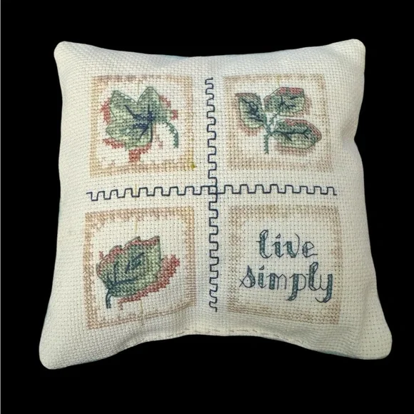 Handmade 'Live Simply' Cross-Stitch Mini Pillow - Cream with Green Leaf Motif