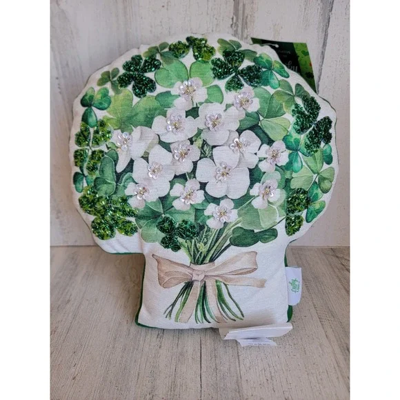 Lucky Lane NEW clover bouquet pillow St Patrick's Day green beaded unique