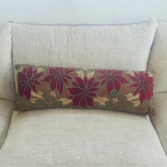 Festive Beaded Floral Lumbar Pillow - Red and Gold
