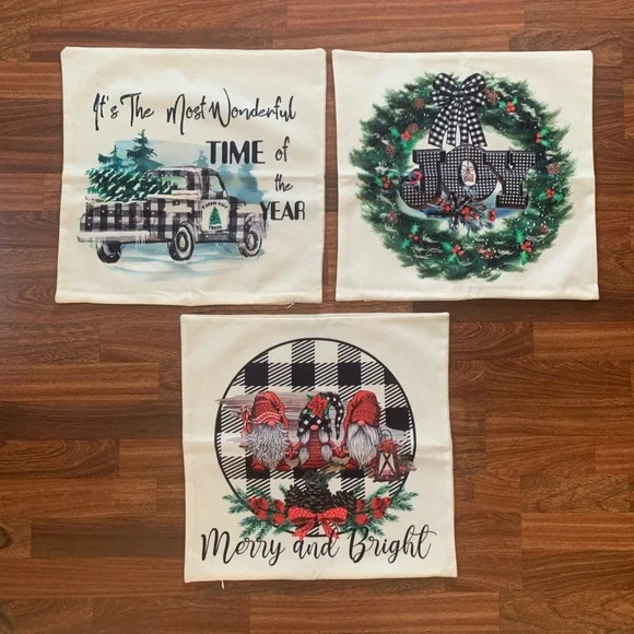 Set of 3 Square Holiday Decor Pillow Covers 17x17” Zip Closure Washable Plaid