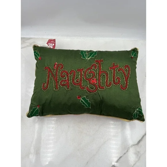 Pier 1 Imports Naughty Nice Reversible Christmas Throw Pillow Beaded 12x18