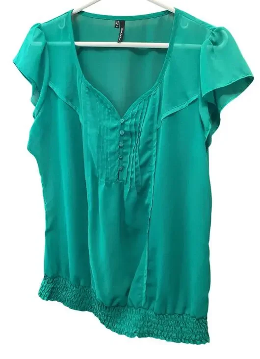 Maurices Semi Sheer Blouse Top Size Medium Green Cap Sleeve
